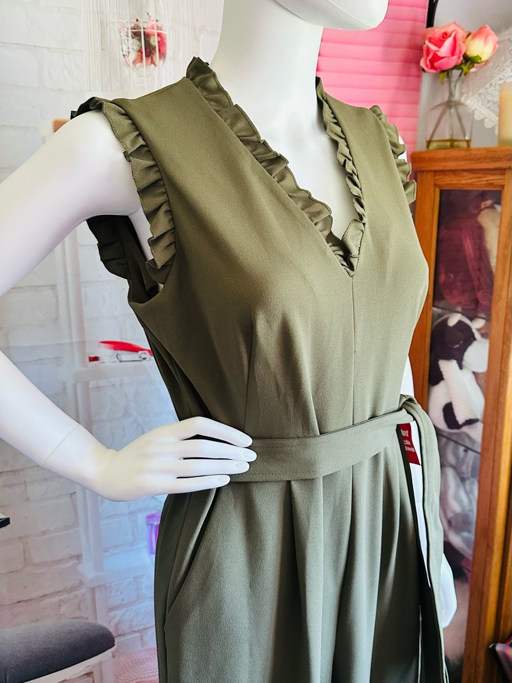 Calvin Klein Olive Green Ruffle Wide Leg Belted Jumpsuit - Picture 3 of 11